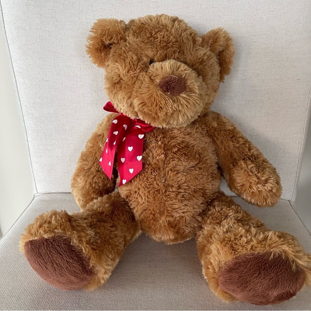 APPLAUSE Stuffed Teddy Bear with Red Bow with White Hearts